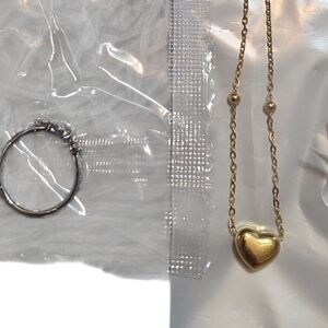 20" Gold Heart Pendant Necklace and Silver Ribbon Ring New Never Opened